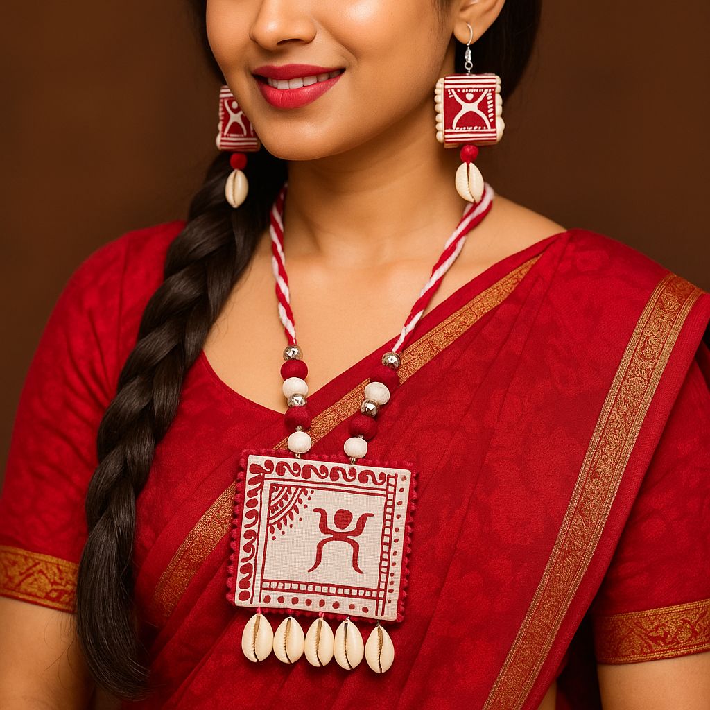 Red Warli Art Shell Necklace Set - My Store