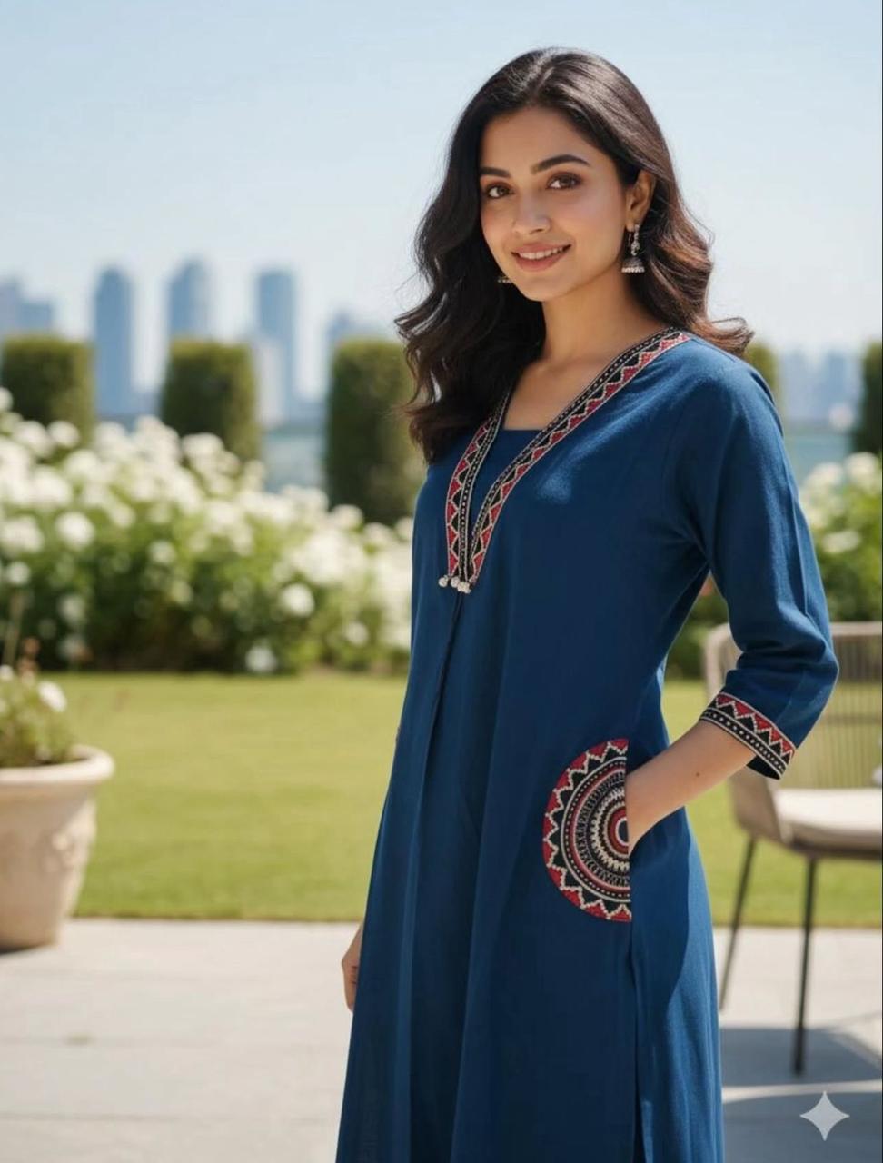 Festive Elegance Embroidered Cotton Kurti Pant Set - My Store