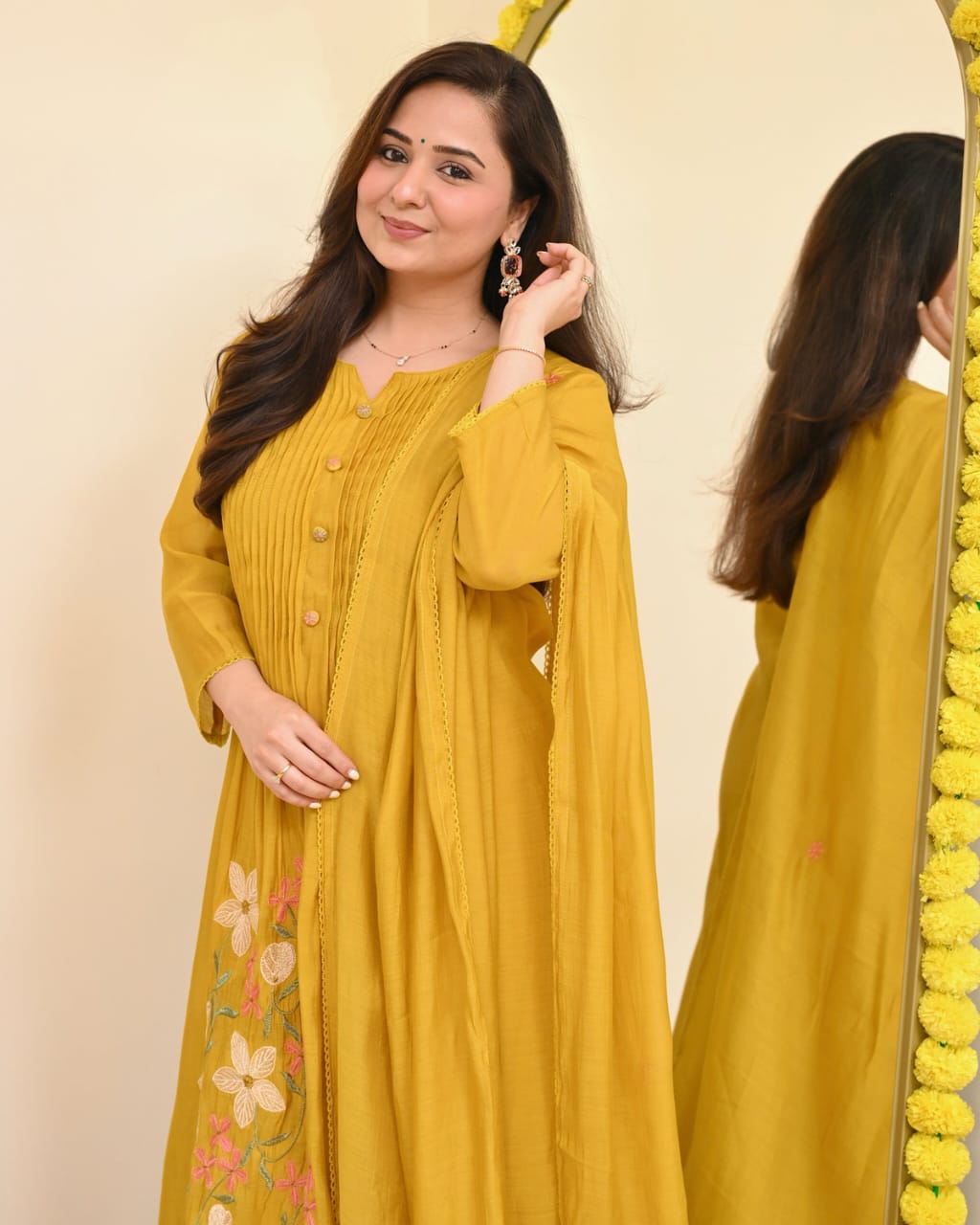 Pure Cotton A-Line Kurta Set with Heavy Thread Embroidery - yellow - My Store