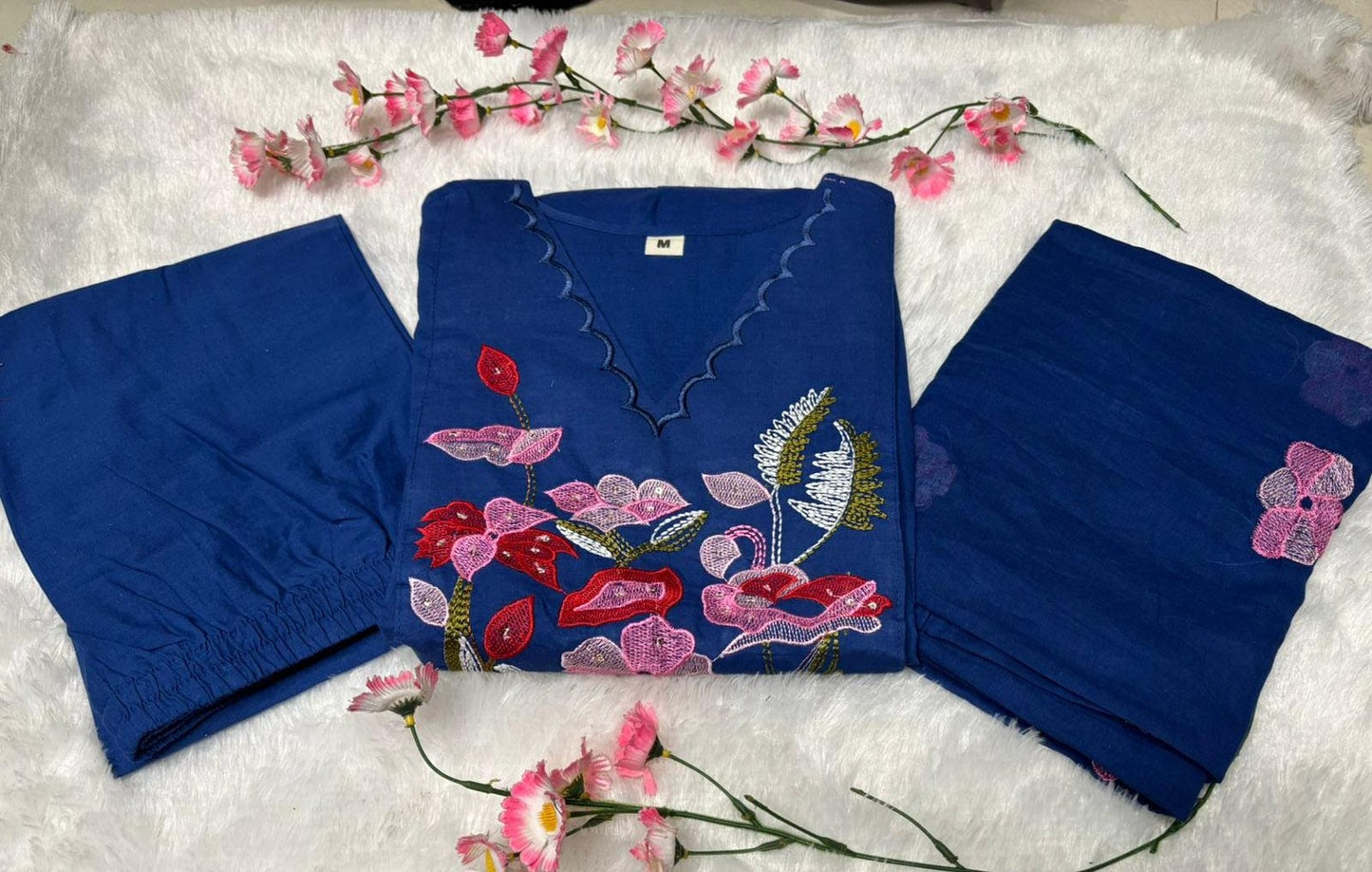 Cotton Natra Cut Kurta Set with Embroidered Dupatta - blue - My Store