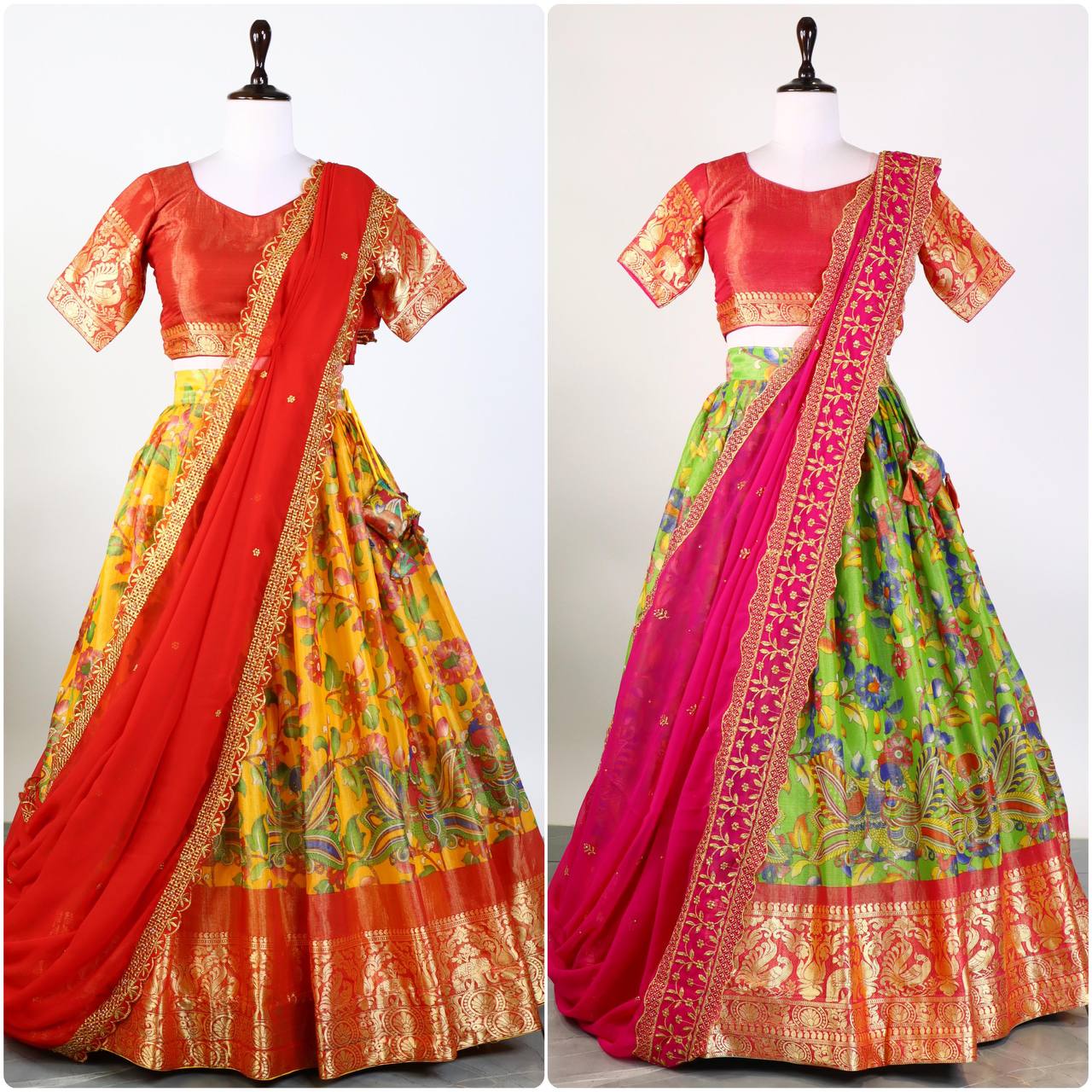Pure Mysore Silk Kalamkari Lehenga With Embroidery and Hand Work Dupatta - My Store