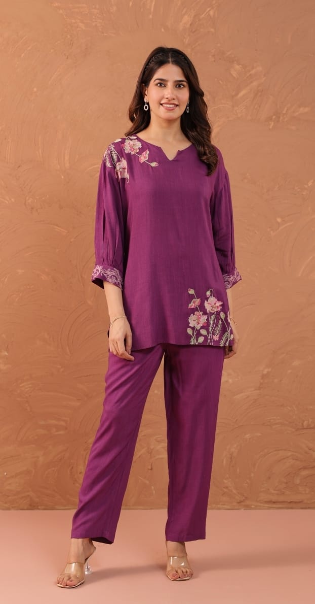 ADHIRA PURPLE EMBROIDERED CO-ORD SET - My Store