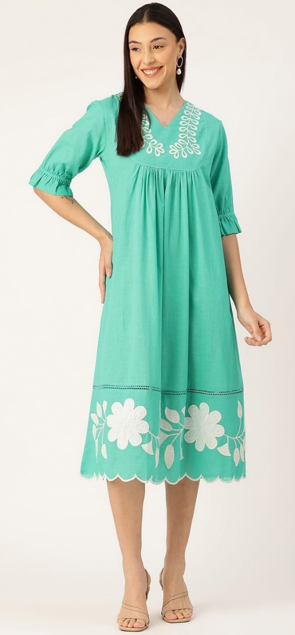 FLORA GREEN EMBROIDERED DRESS - My Store