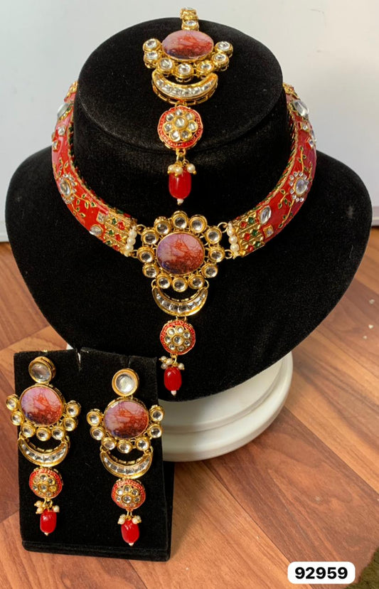 Royal Red Kundan Meenakari Choker Necklace Set - My Store