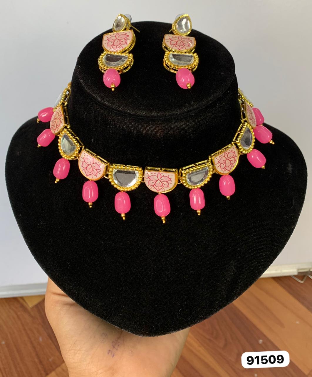 Pink Floral Meenakari Kundan Necklace Set - My Store