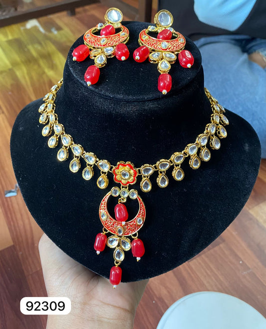 Royal Red Kundan Necklace Set with Matching Earrings - My Store