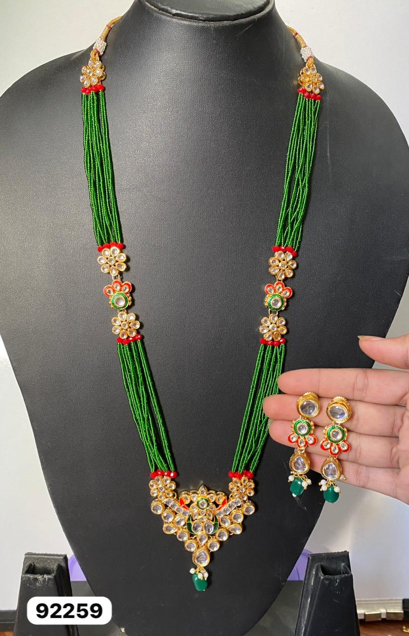 Elegant Green Beaded Kundan Long Necklace Set - My Store