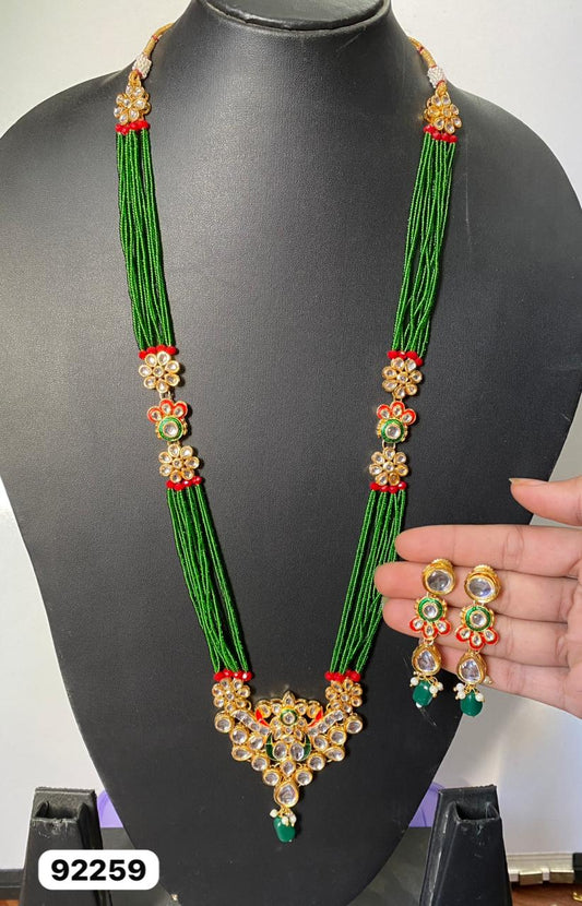 Elegant Green Beaded Kundan Long Necklace Set - My Store