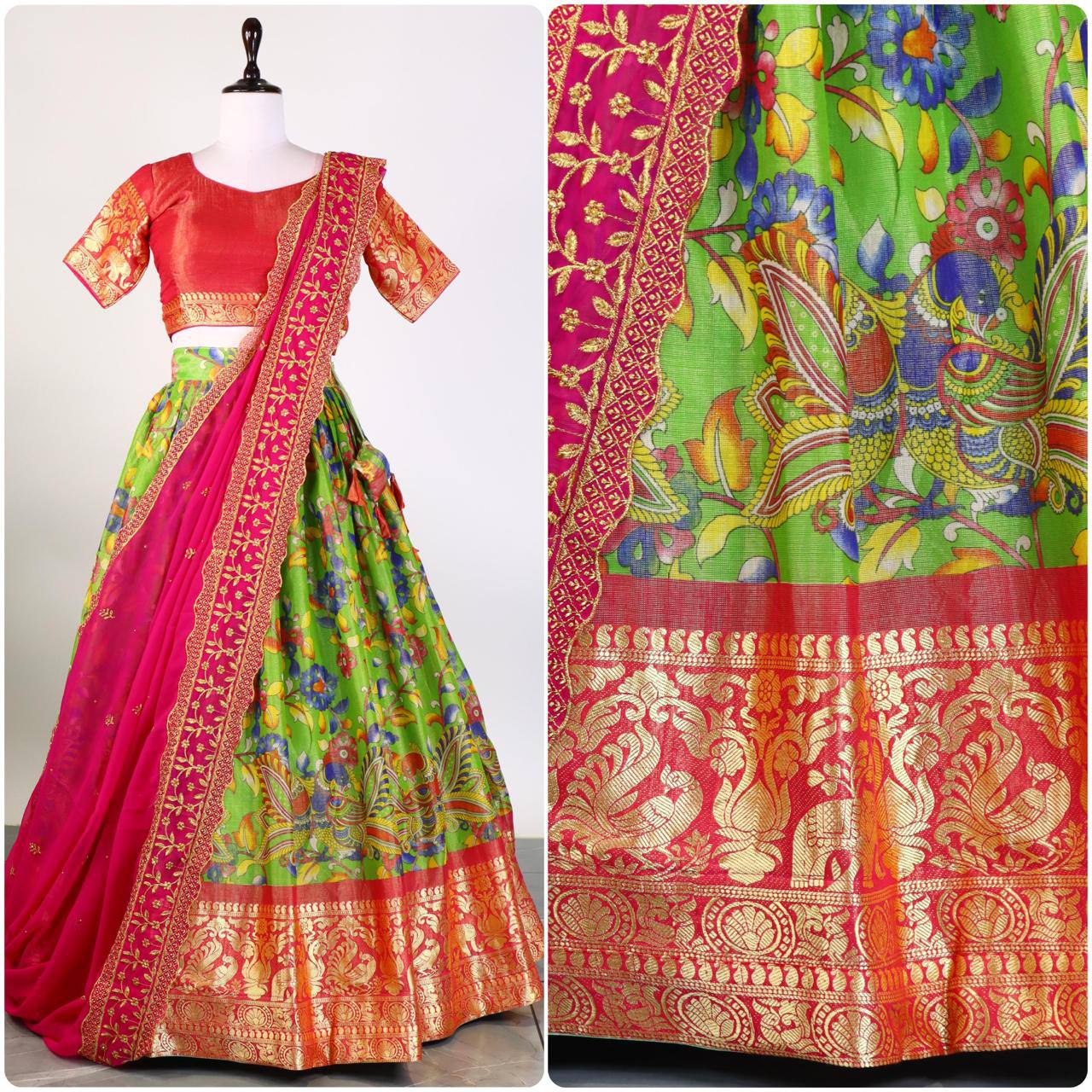 Pure Mysore Silk Kalamkari Lehenga With Embroidery and Hand Work Dupatta - My Store
