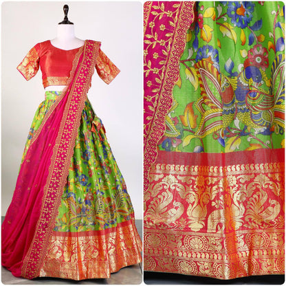 Pure Mysore Silk Kalamkari Lehenga With Embroidery and Hand Work Dupatta - My Store