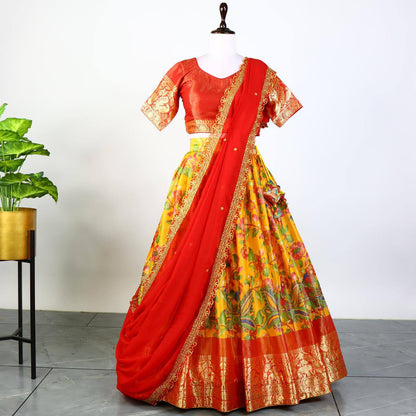 Pure Mysore Silk Kalamkari Lehenga With Embroidery and Hand Work Dupatta - My Store