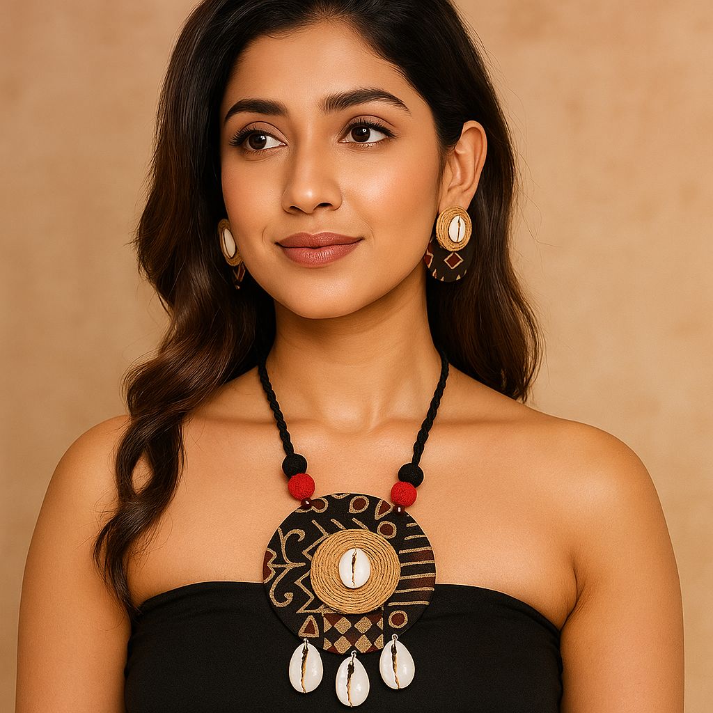 Tribal Round Pendant Cowrie Necklace Set - My Store