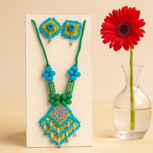Vibrant Green & Blue Thread Necklace Set with Oxidized Charm - My Store