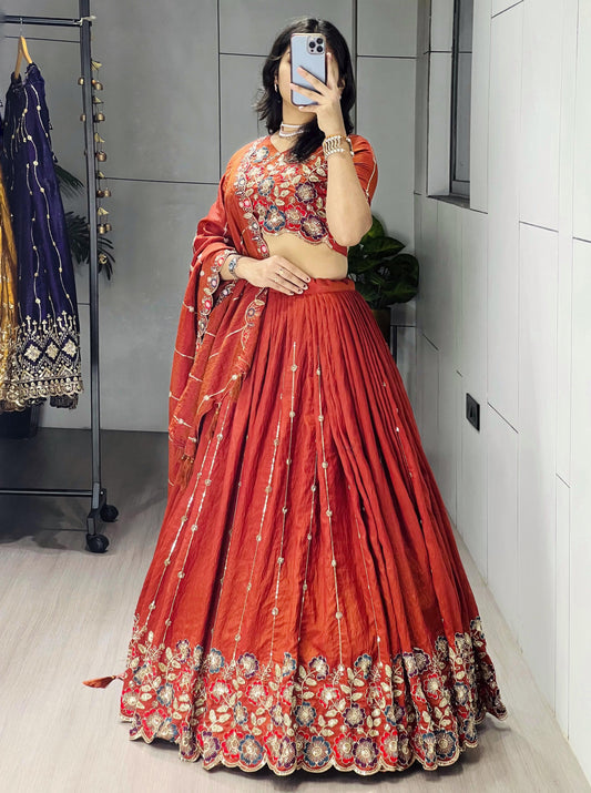 Rust Orange Embroidery Lehenga - My Store