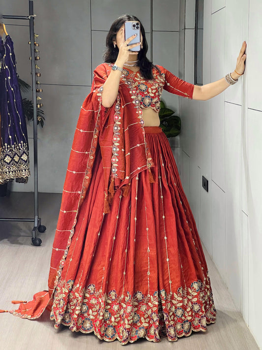 Rust Orange Embroidery Lehenga - My Store