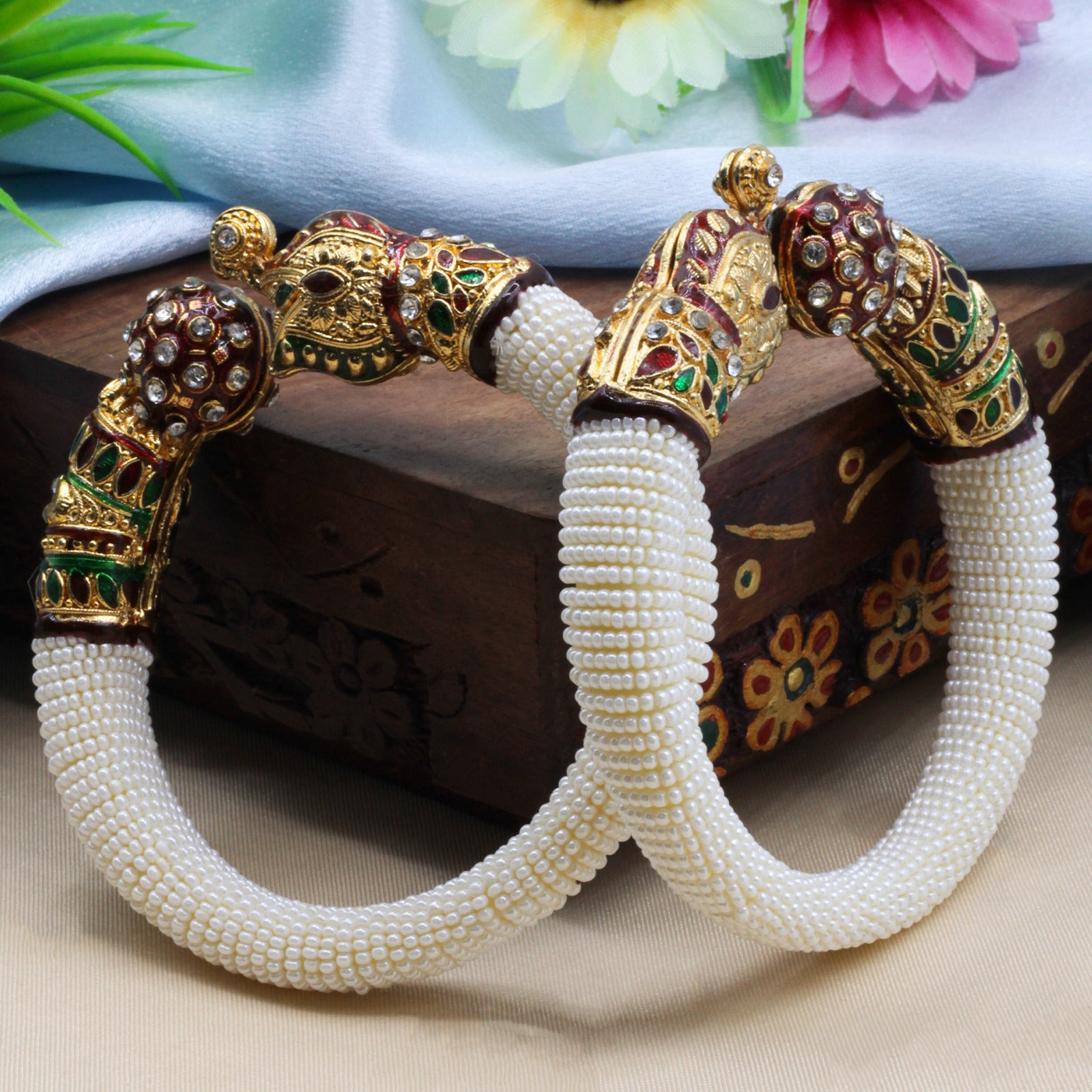 Gold toned White kada style bangles - My Store