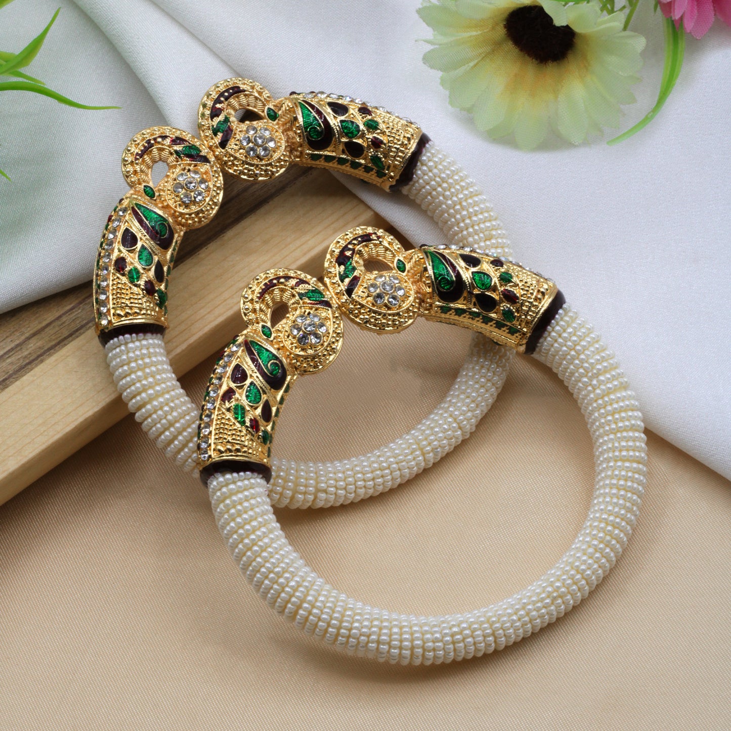 Gold toned White kada style bangles - My Store