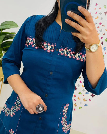 Pure fine Cotton Slub fabric Embroidery Work Kurti with Pant - My Store