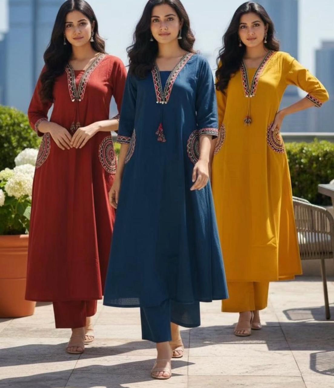 Festive Elegance Embroidered Cotton Kurti Pant Set - My Store