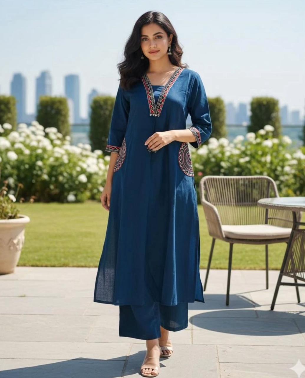 Festive Elegance Embroidered Cotton Kurti Pant Set - My Store