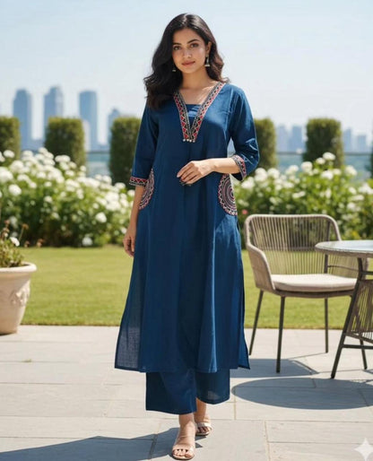 Festive Elegance Embroidered Cotton Kurti Pant Set - My Store