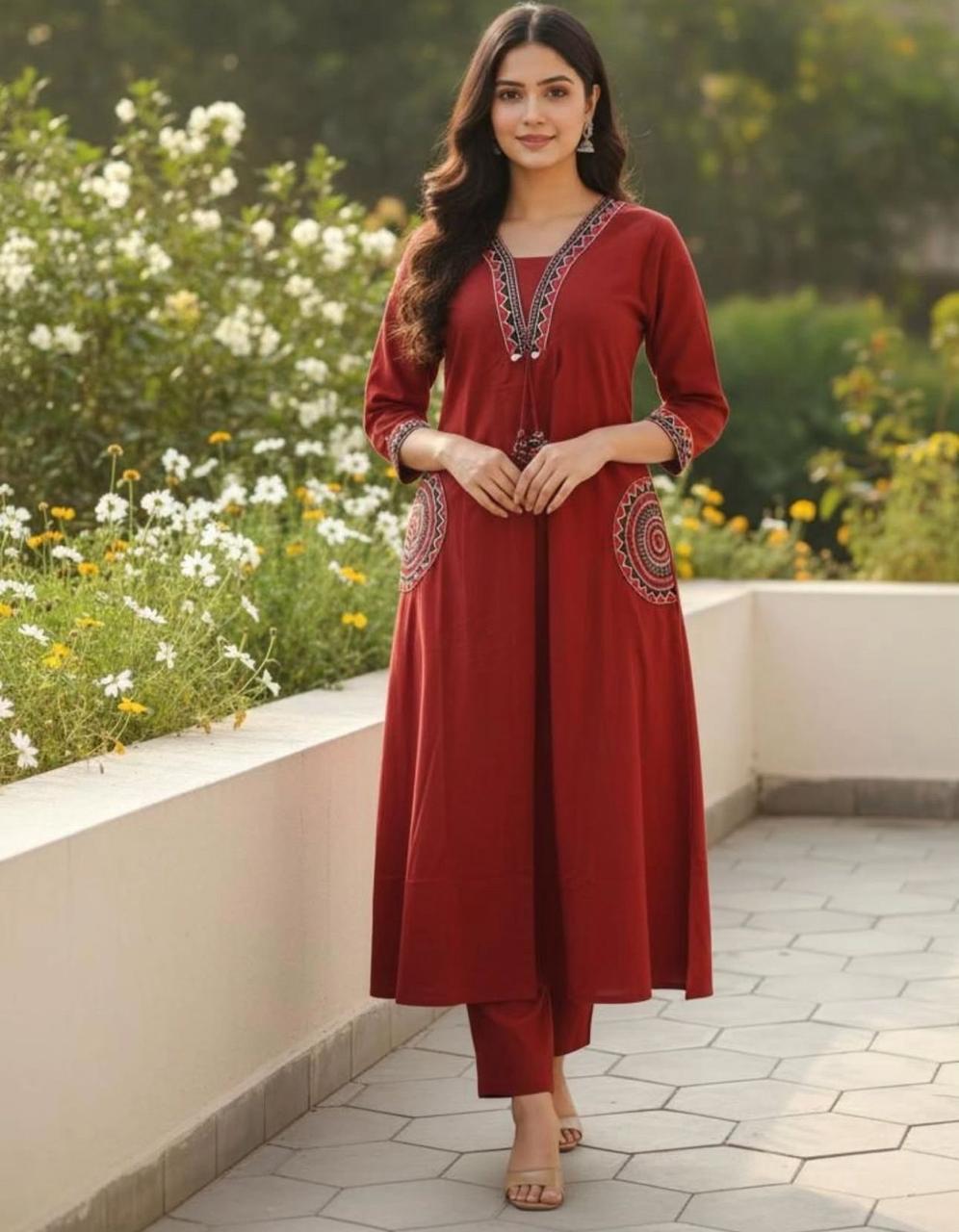 Festive Elegance Embroidered Cotton Kurti Pant Set - My Store