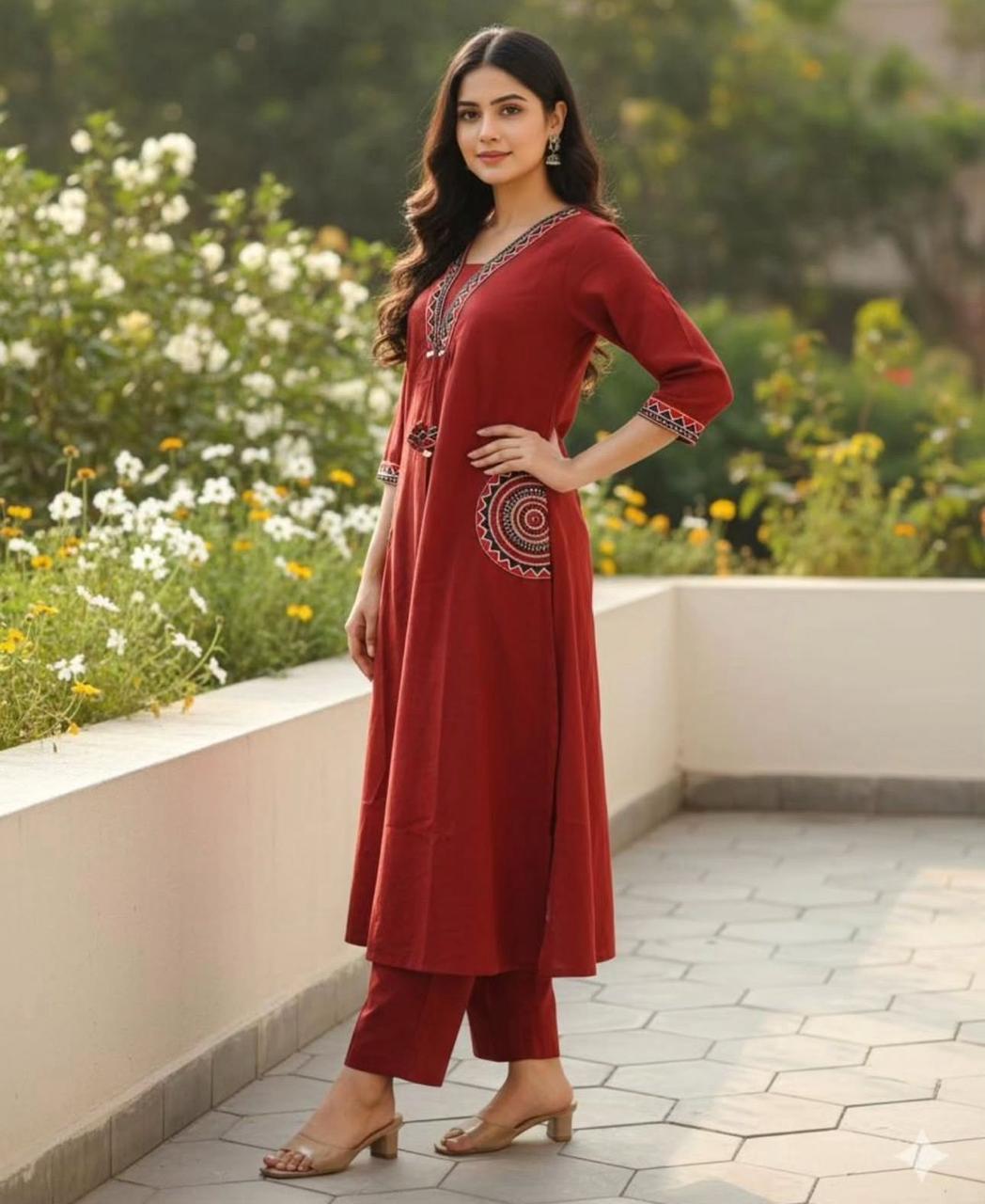 Festive Elegance Embroidered Cotton Kurti Pant Set - My Store