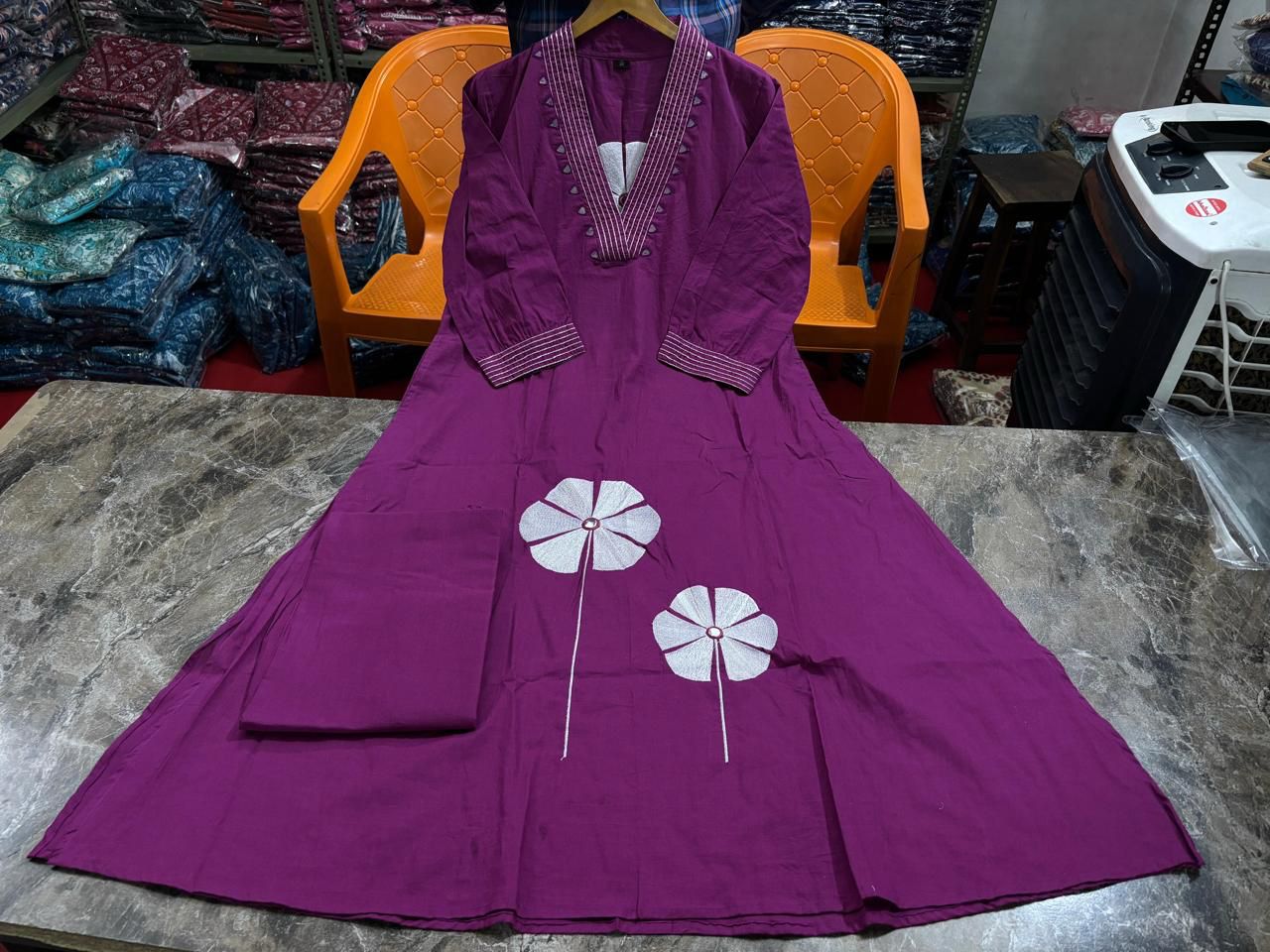 Elegant Flaired Cotton Kurta Set with Full Embroidery - My Store