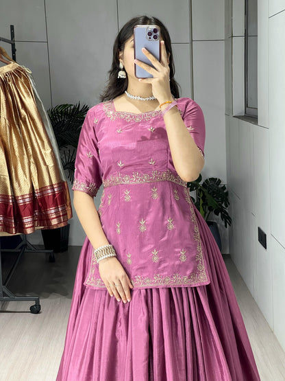 Most Beautiful Chinon Embroidered Top With Flairy Lehenga - My Store