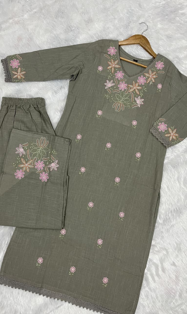 Pure Cotton Slub Kurta Pant plazo  - green - My Store