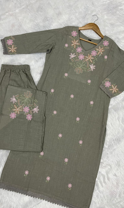 Pure Cotton Slub Kurta Pant plazo  - green - My Store