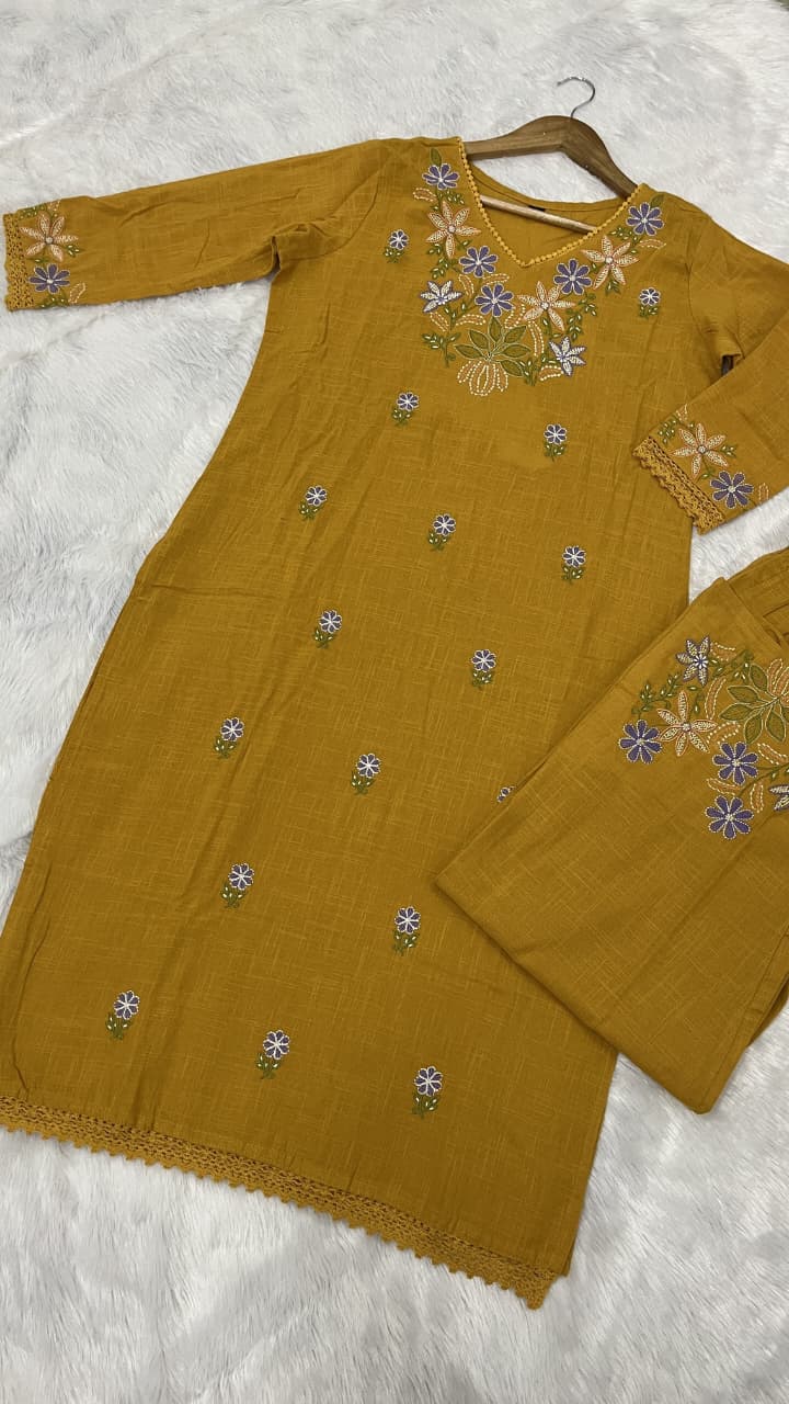 Pure Cotton Slub Kurta Pant plazo - yellow - My Store