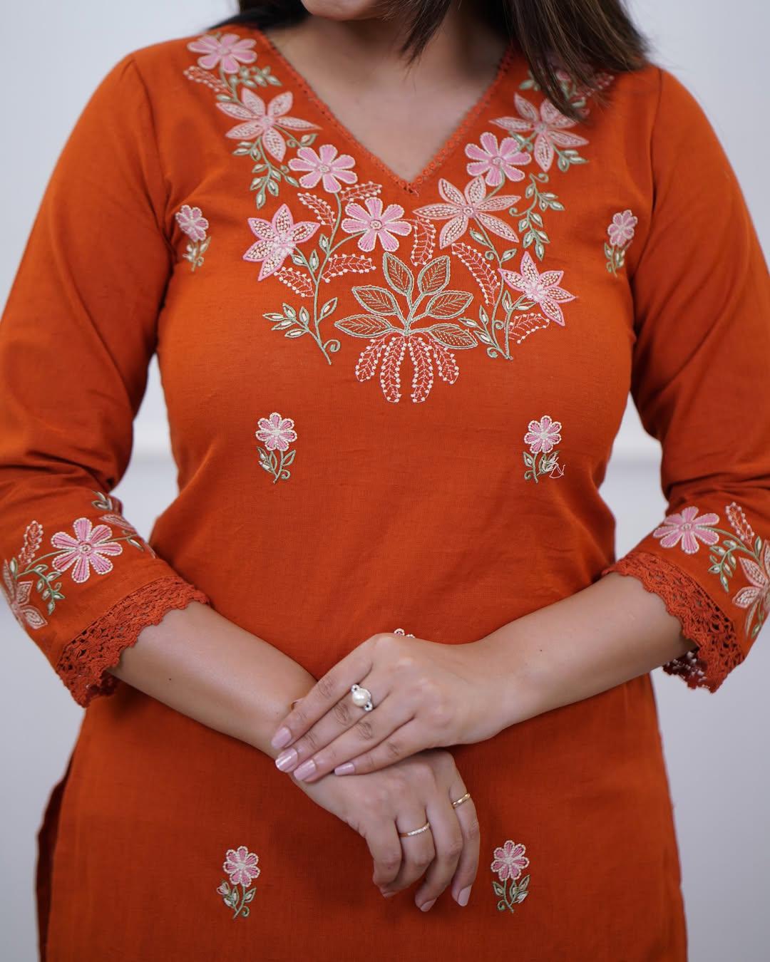 Pure Cotton Slub Kurta Pant plazo - orange - My Store