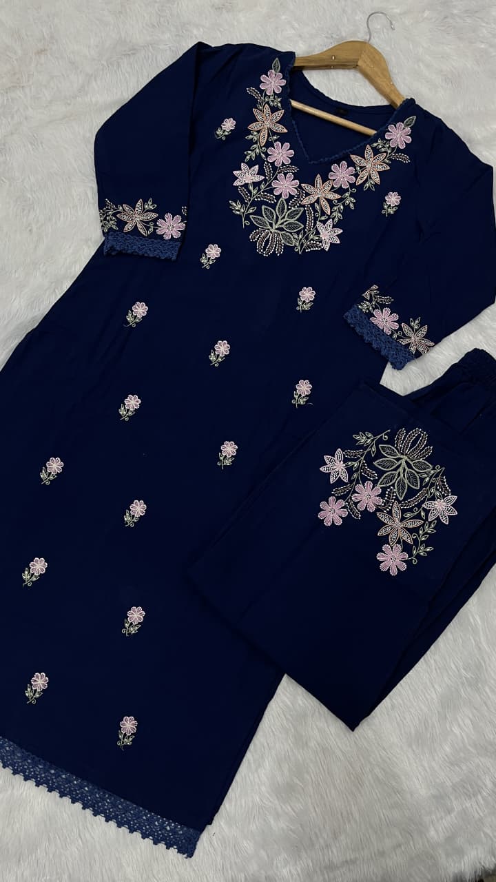 Pure Cotton Slub Kurta Pant plazo - blue - My Store