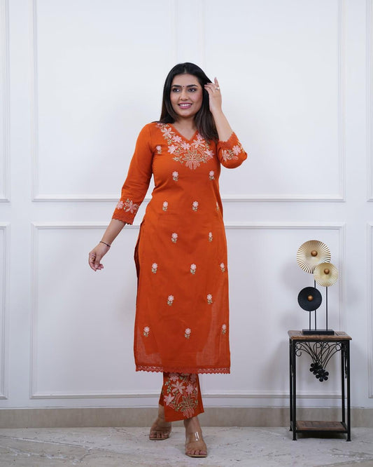 Pure Cotton Slub Kurta Pant plazo - orange - My Store