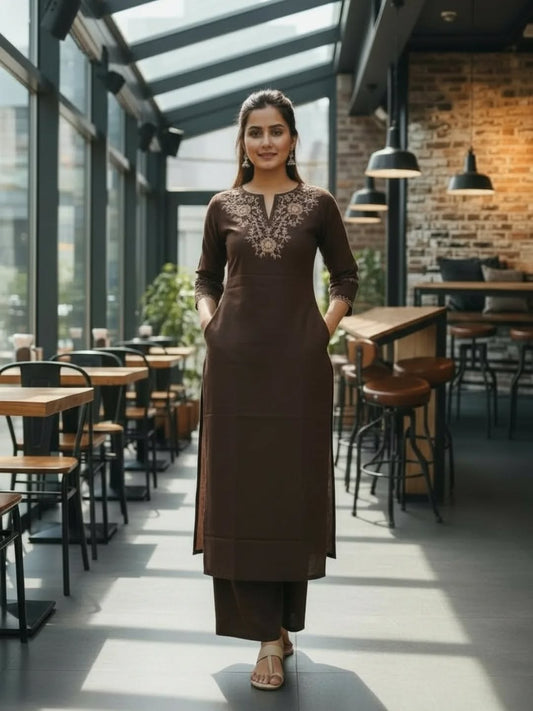 Pure Cotton Embroidered Kurti Co-Ord Set with Cross-Stitch Work & Side Pockets - My Store