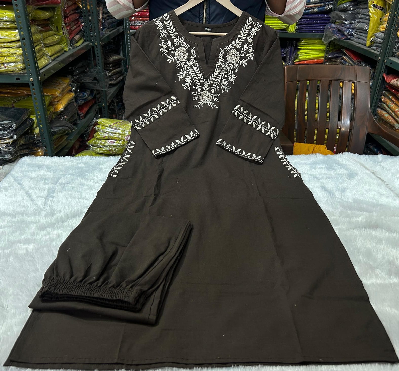 Pure Cotton Embroidered Kurti Co-Ord Set with Cross-Stitch Work & Side Pockets - My Store