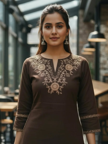 Pure Cotton Embroidered Kurti Co-Ord Set with Cross-Stitch Work & Side Pockets - My Store