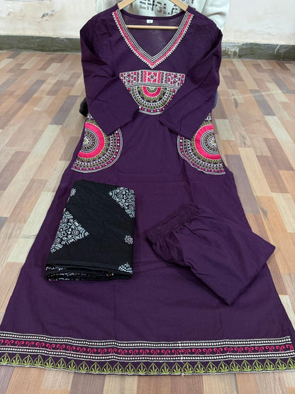 EMBROIDERED COTTON KURTI PANT WITH DUPATTA SUIT SET - My Store