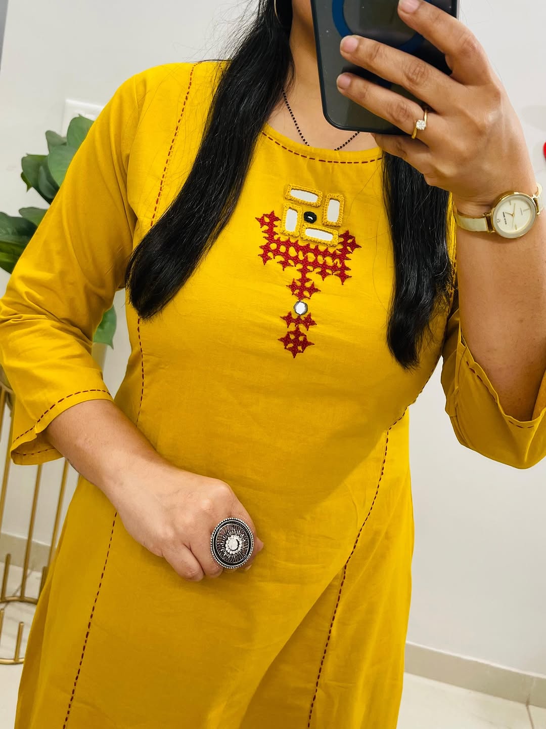 embroidery work Ethnic Kurti Palazzo Set - yellow - My Store