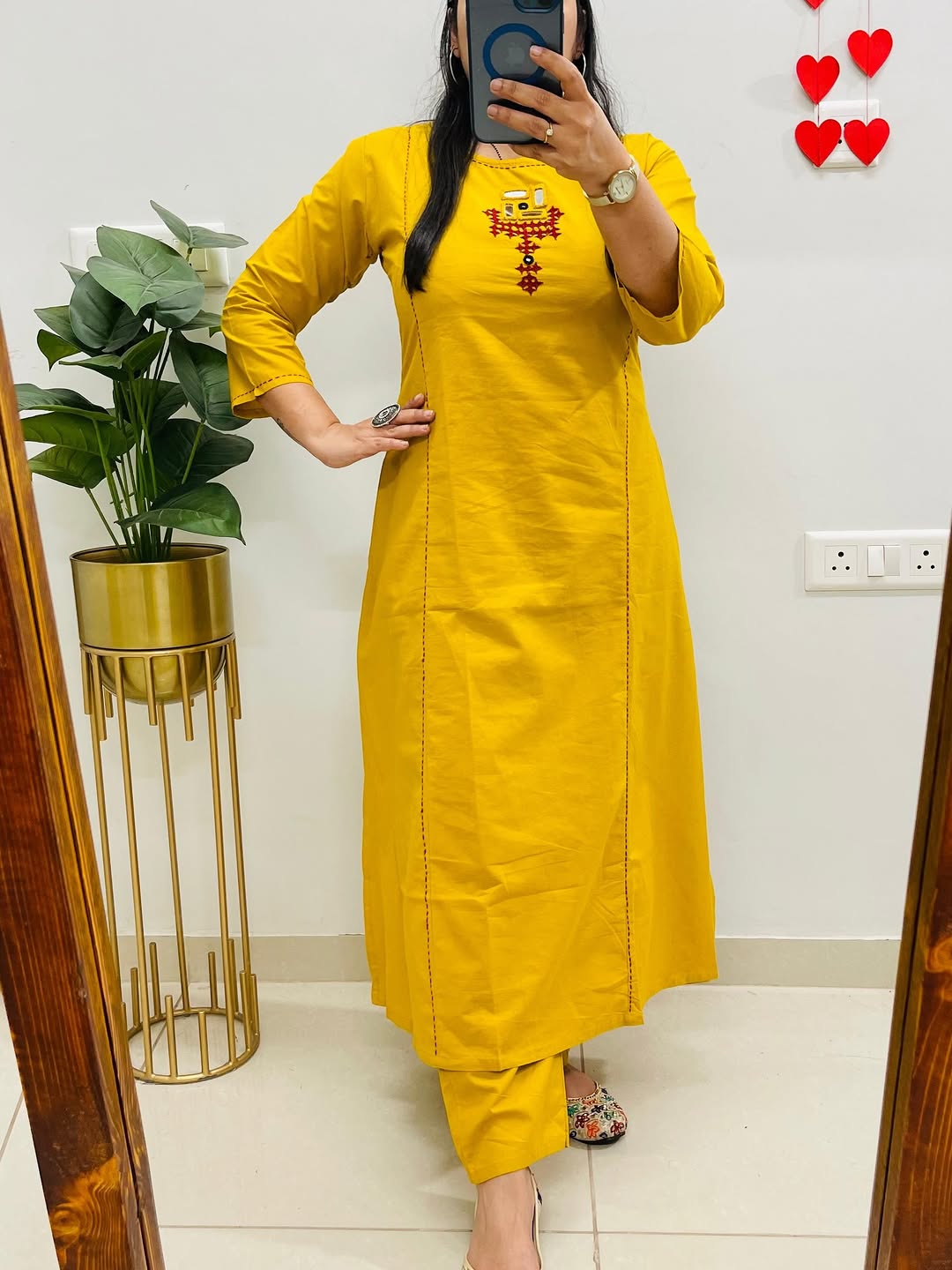 embroidery work Ethnic Kurti Palazzo Set - yellow - My Store