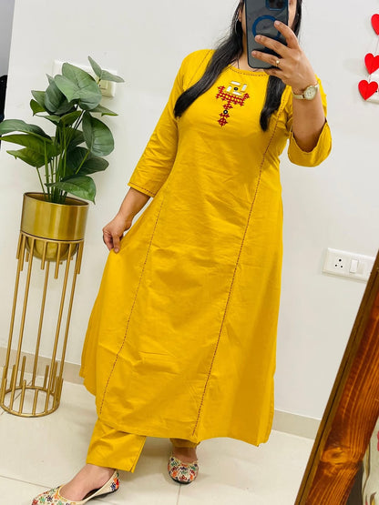 embroidery work Ethnic Kurti Palazzo Set - yellow - My Store