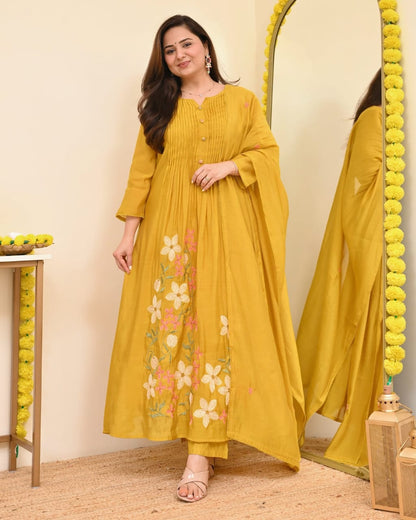 Pure Cotton A-Line Kurta Set with Heavy Thread Embroidery - yellow - My Store