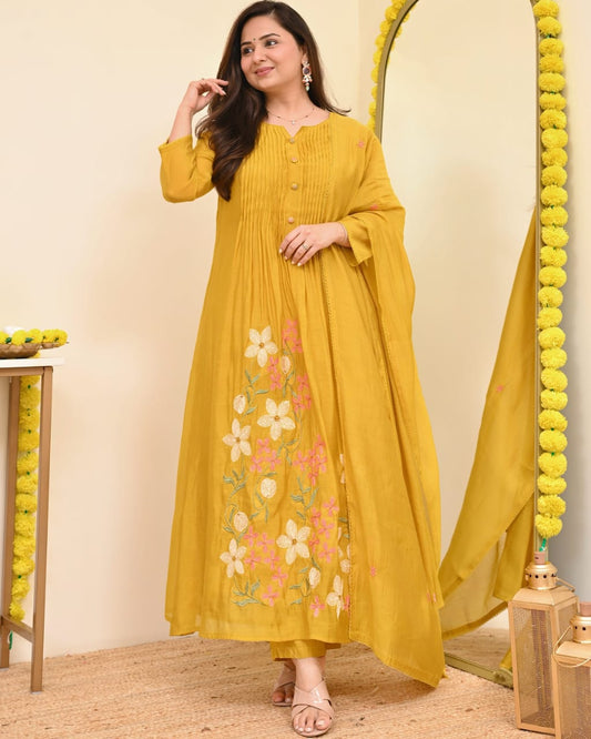 Pure Cotton A-Line Kurta Set with Heavy Thread Embroidery - yellow - My Store