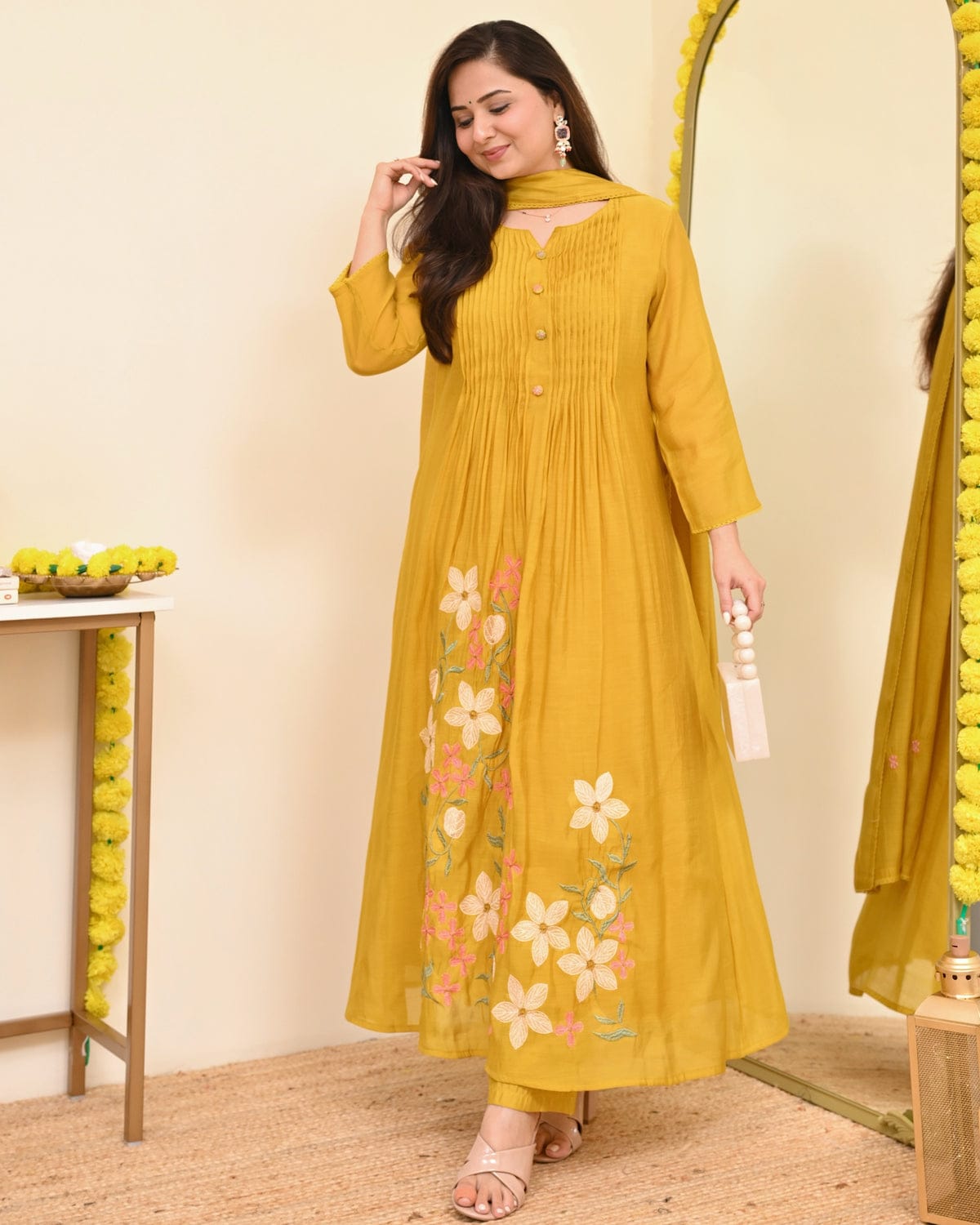 Pure Cotton A-Line Kurta Set with Heavy Thread Embroidery - yellow - My Store