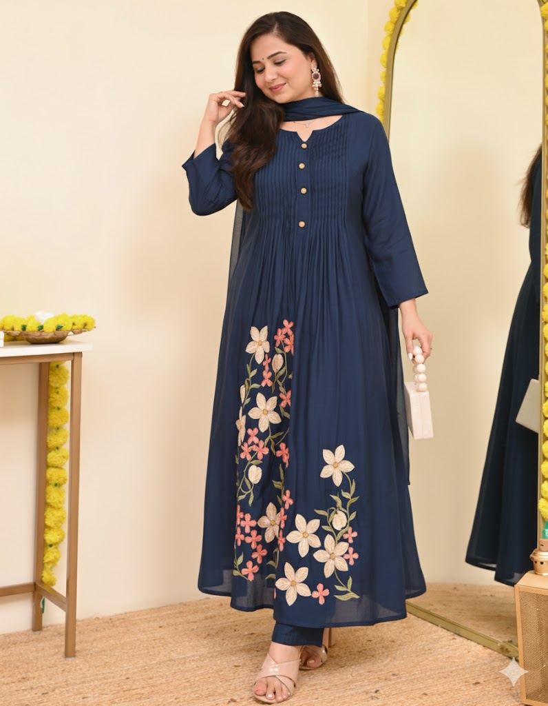 Pure Cotton A-Line Kurta Set with Heavy Thread Embroidery - blue - My Store