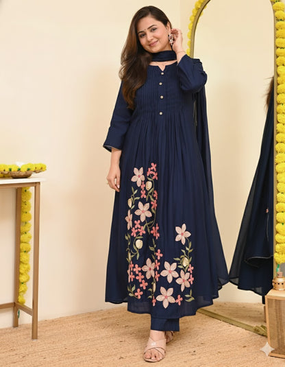 Pure Cotton A-Line Kurta Set with Heavy Thread Embroidery - blue - My Store