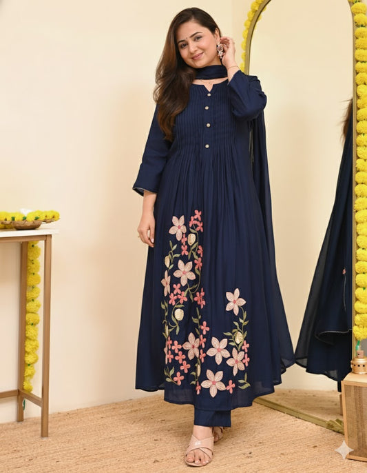 Pure Cotton A-Line Kurta Set with Heavy Thread Embroidery - blue - My Store