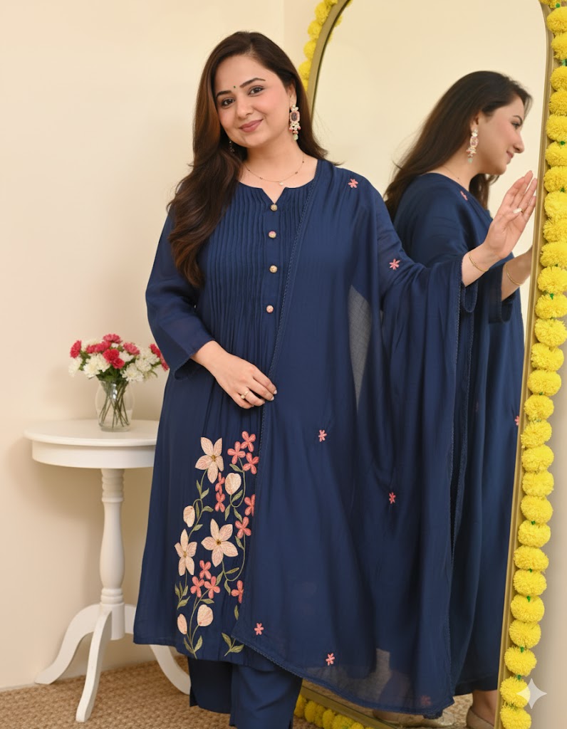 Pure Cotton A-Line Kurta Set with Heavy Thread Embroidery - blue - My Store