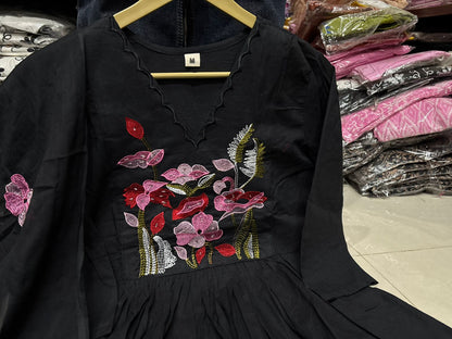 Cotton Natra Cut Kurta Set with Embroidered Dupatta - black - My Store